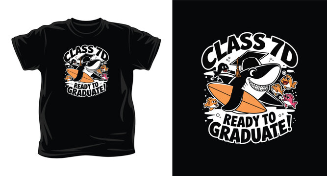 Black t-shirt with cartoon shark graduation design