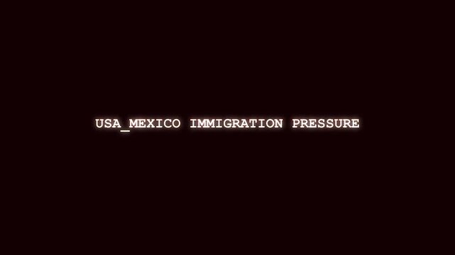 USA Mexico immigration pressure luminous red typography reveal with cyber system corruption and digital data scramble on dark layout for border crisis broadcast