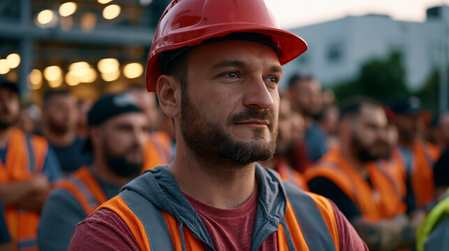 Aftermath scene of factory floor safety drill with evacuation muster point filled with workers in high-visibility vests holding headcounts, emergency coordinator in red hardhat directing personnel, 