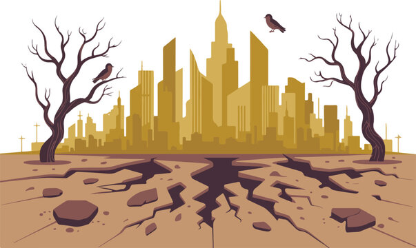 Apocalyptic city landscape with earthquake cracks in dry land desert and dead trees with ravens representing climate disaster vector.