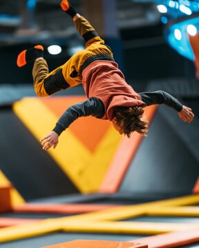 Teenager midair performing a dynamic backflip over interconnected trampolines with geometric padded walls captured in sharp focus against a blurred highcontrast extreme sports park