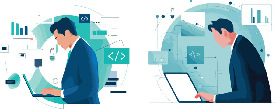 Professional software developers working on laptops with digital data interface icons representing artificial intelligence programming and futuristic technology vector,.