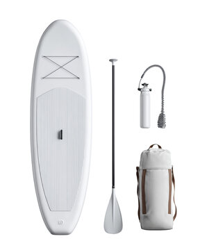 Inflatable stand up paddleboard kit with paddle pump and carry backpack isolated on transparent background