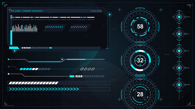 Futuristic HUD vector dashboard with primary data panel, three circular gauges, hexagonal menu nodes, cyan accents, and dark grid background