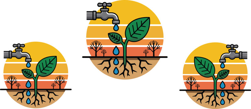 Vector illustration of water faucet pouring drop onto growing green plant in cracked dry soil representing drought recovery conservation success.