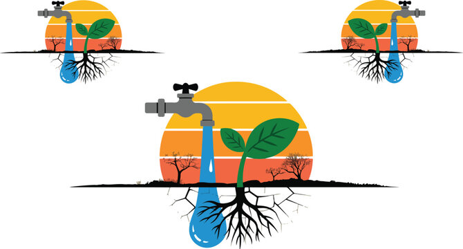 Vector illustration of water faucet pouring drop onto growing green plant in cracked dry soil representing drought recovery conservation success.