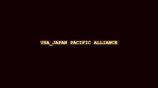 USA Japan Pacific alliance luminous red typography reveal with cyber system corruption and digital data scramble on dark layout for international geopolitical defense broadcast