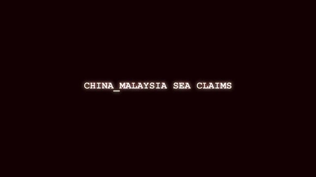 China Malaysia sea claims bright red neon text animation with digital hacking glitch and cybernetic scramble on dark background for Southeast Asian maritime dispute news