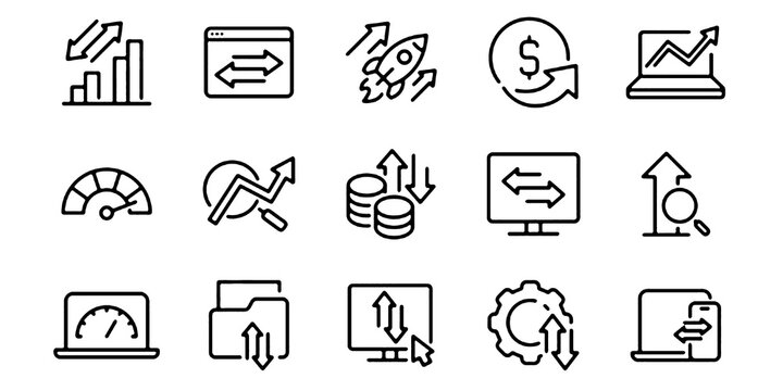 Digital Network and System Optimization Line Icons Set. Server, Firewall, Data Flow, Communication, Security and Web Application Performance Vector Illustration Collection.
