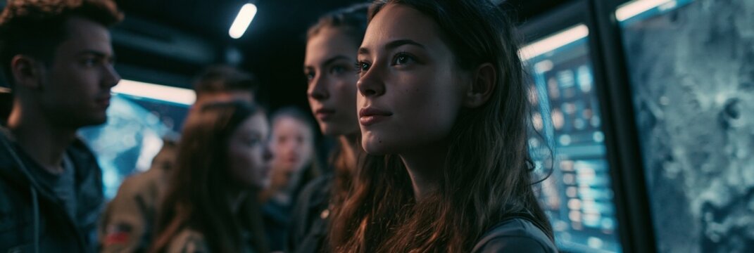 Focused side view of attentive learners in a dark observatory highlighted by sharp rim lighting around space relics and interactive digital information boards.