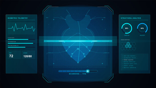 Futuristic medical HUD dashboard showing biometric telemetry, heart scan, vital signs, progress bars and structural analysis panels on dark grid