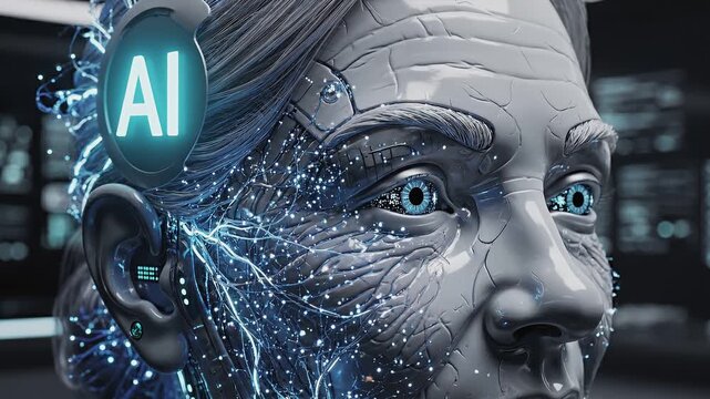 Close-up of a humanoid head with glowing circuits and an AI interface, showcasing intricate details of the face and technology in a modern laboratory environment with screens in the background