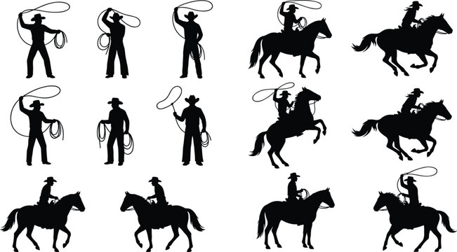 Cowboy and rodeo silhouette collection featuring horse riding and lasso action vector illustration set