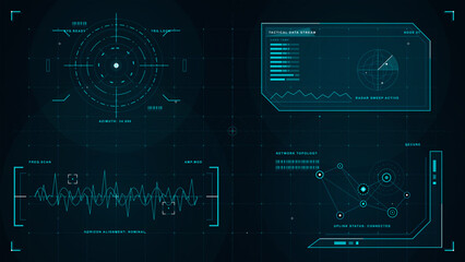 Futuristic cyan tactical HUD interface with radar sweep, data stream panel, frequency scan waveform and network topology on dark grid background © Антон Сальников