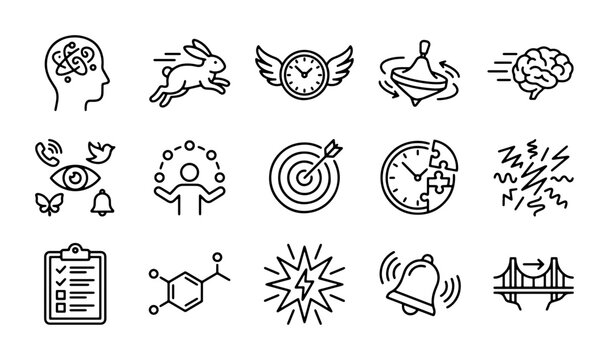 Mindfulness Icons Set: Focus, Stress, Productivity, Brain, Time Management, Goals, Chemistry