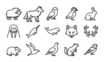 Arctic Wildlife Icons Set: Musk Ox, Wolf, Owl, Puffin, Rabbit, Walrus, Narwhal, Fox © Sultana