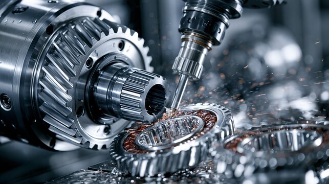 Closeup of a CNC machine precisely cutting transmission parts showcasing detailed metal shaping and hightech industrial automation.