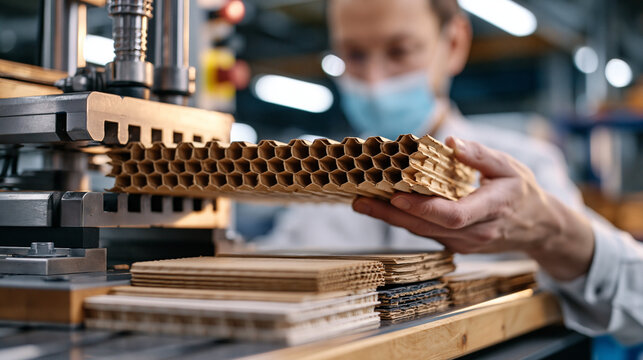 Sustainable packaging research and development engineer bending corrugated honeycomb board sample over edge crush test fixture in materials laboratory, stress fracture results being photographed, co