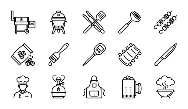 Barbecue Grill Icons Set, BBQ Tools & Food Vector Graphics, Chef & Apron Collection