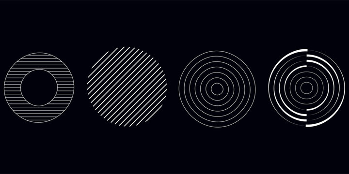 Set of speed lines in circle form. Halftone dotted speed lines. Abstract geometric circles with rotating radial lines. Design element for logo, prints, template or posters. Vector illustration.