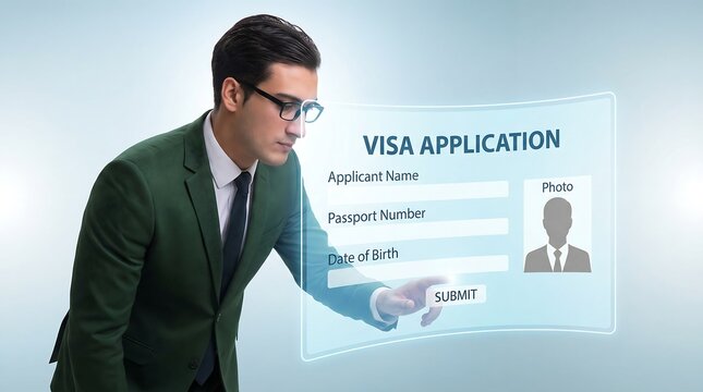 Professional businessman filling out digital visa application form on transparent interactive screen interface in modern office environment for travel and immigration documentation processing