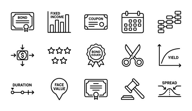 Financial Investment Icons Set: Bond, Yield, Coupon, Gavel, Calendar, Finance Icons