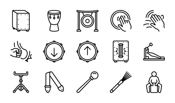 Percussion Instruments Icon Set: Drums, Gong, Cajon, Pedals, Mallets, Brushes