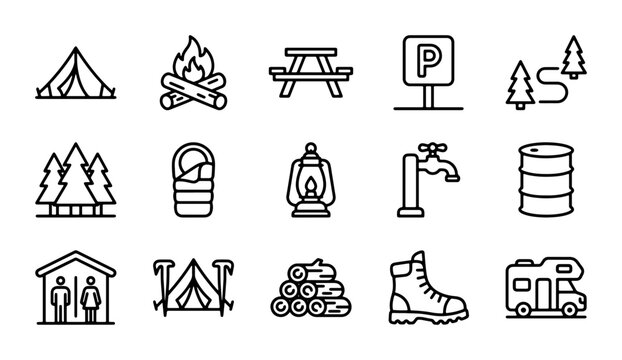 Camping Icons Set: Tent, Fire, Picnic Table, RV, Boot, Lantern, Nature Elements