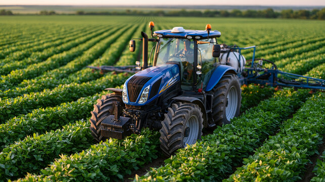 Aerial wide establishing view of precision agriculture GPS-guided tractor traversing vast soybean field at midsummer dawn, automated boom sprayer precisely applying inputs row by row, remote telemet
