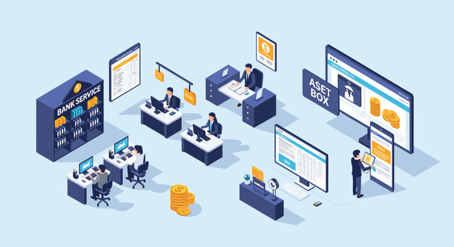 Modern isometric corporate office environment with employees working at desks using computers and interacting with large digital data displays.