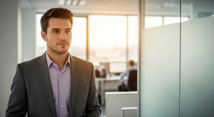 Fototapeta premium Portrait of a man in a suit standing in a modern office with large windows, suggesting professionalism and ambition in a corporate setting, with free space for text.