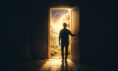 Obraz premium person walks into fantastic world through open door, new beginning and life, gates to heaven, afterlife and paradise concept