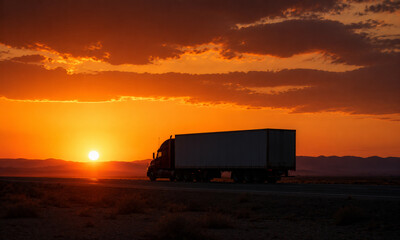 Obraz premium heavy cargo truck driving on highway at dramatic sunset during freight transportation, modern logistics transport trailer traveling on open road with golden evening sky