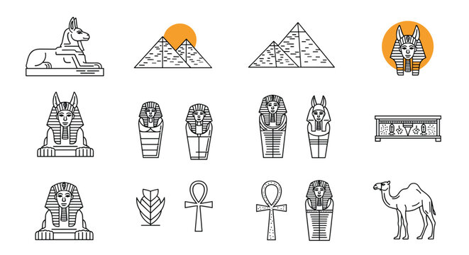 Ancient egyptian culture icons featuring the sphinx pyramids pharaoh masks and traditional symbols in a line art set.