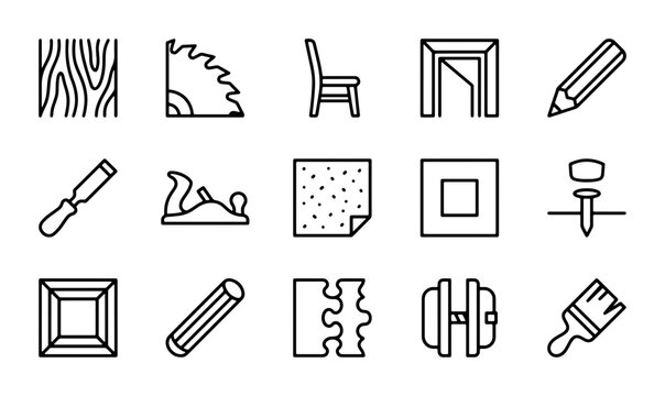 Woodworking Icons Set: Carpenter Tools, Wood Grain, Furniture Elements, Crafting Symbols
