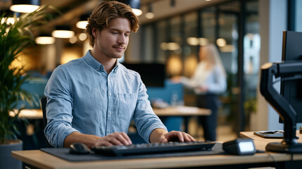 Obraz premium Ergonomic workplace designer measuring sit-stand workstation height clearances with digital gauge in modern open-plan office, adjustable monitor arms and anti-fatigue matting visible throughout, occ