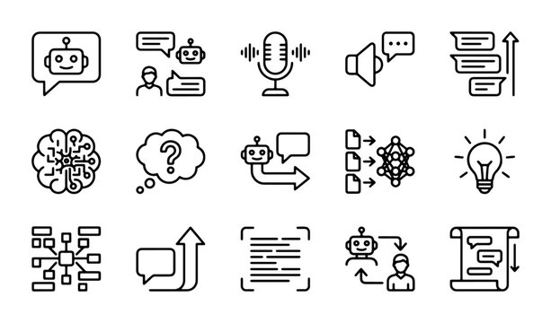 AI Chatbot Icons, Bot Conversation & Communication Vector Set, Technology & Support Graphics