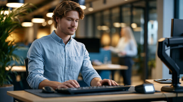 Ergonomic workplace designer measuring sit-stand workstation height clearances with digital gauge in modern open-plan office, adjustable monitor arms and anti-fatigue matting visible throughout, occ