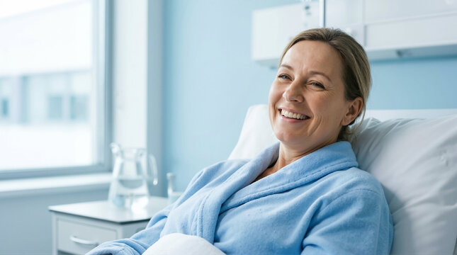 Happy patient resting in clinic with warm smile and casual attire for healthcare blogs, patient care websites, wellness articles, and medical education resources