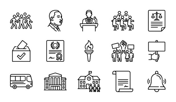 Civil Rights Icons Set, Protest, Voting, Justice, Education, Government, Vector Graphics