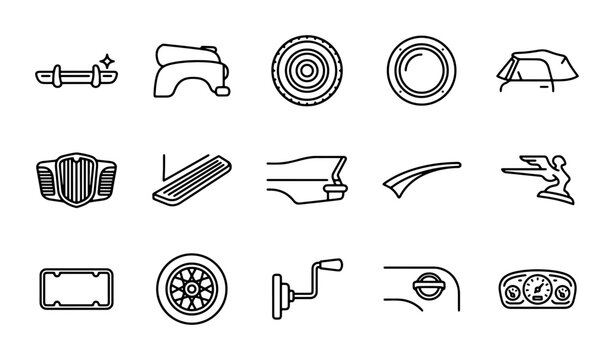 Vintage Car Parts Icons, Retro Automotive Elements, Classic Vehicle Components, Set of 15 Vector Graphics