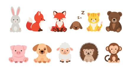 Naklejka premium Delightful set of adorable baby animal characters including a bunny, foxes, bear, kitten, puppy, pig, sheep, and a tiny hedgehog.