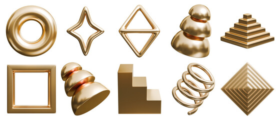 Golden abstract 3D shapes. Metallic stairs, stepped pyramid and dome for Y2K graphic design. © Aon Khanisorn