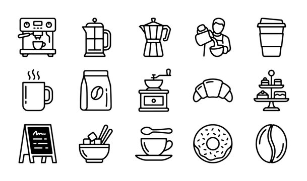 Coffee Shop Icons Set, 15 Vector Graphics for Cafe Menu Design, Barista and Pastry Elements