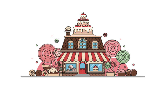 Whimsical candy shop storefront illustration with a multi-layered cake on top and giant lollipops in a colorful garden setting.