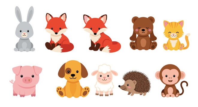 Charming collection of cute cartoon baby animals including a rabbit, fox, bear, cat, pig, puppy, sheep, hedgehog, and monkey.