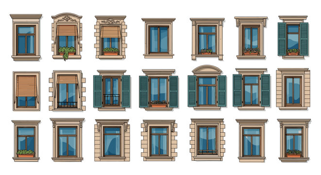Extensive collection of classical European window designs showing various styles of frames, shutters, and stone architectural details.