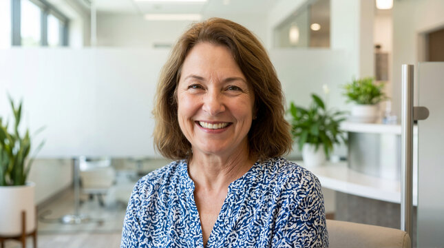 Happy patient smiling in health center with modern interior for healthcare websites, patient testimonials, medical blogs, and wellness articles