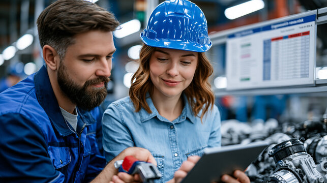 Factory floor ergonomics assessment specialist observing assembly worker repetitive task cycle at automotive component station, wrist angle goniometer and video analysis tablet in hand, task rotatio