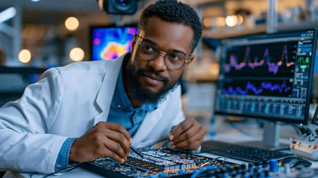 EV battery module testing engineer connecting impedance analyzer leads to prismatic cell stack on lab bench, oscilloscope waveforms visible on monitor, thermal imaging camera positioned overhead cap
